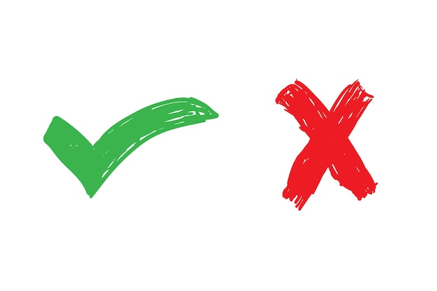 Vector dibujado a mano de marca de comprobación verde y marca de cruz roja aislado icono correcto e incorrecto