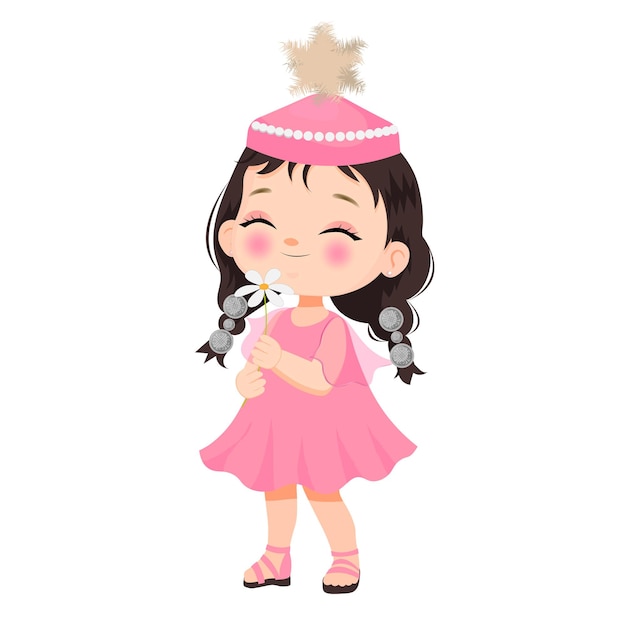 Vector dibujado a mano niña kaxakh con ilustración de flores