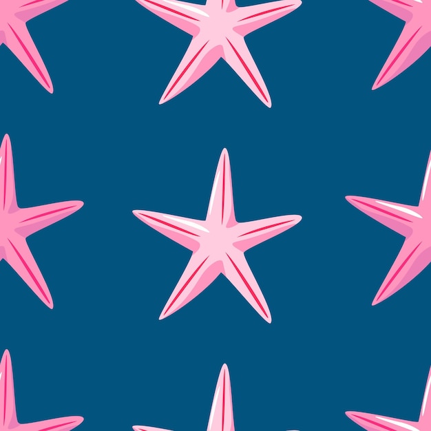 Vector dibujado a mano patrón simple repetitivo sin costuras con estrellas de mar rosa sobre un fondo azul.