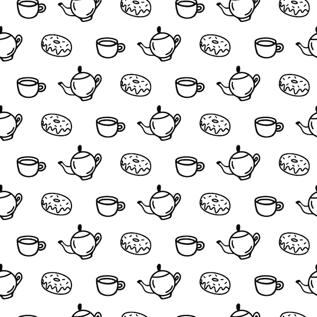 Vector dibujado a mano de patrones sin fisuras con iconos de donut de tetera de taza sobre fondo blanco Envoltura de donut de taza de cafetera de garabato en estilo de arte de línea para una decoración de café Página para colorear de adultos y niños