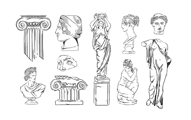 Vector dibujado a mano resumen contorno gráfico línea griega escultura antigua estatua de arte de línea conjunto de dibujo moderno estatuas clásicas antiguas en estilo bohemia de moda concepto de diseño contorno logotipo estatua antigua