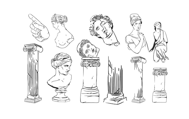 Vector dibujado a mano resumen contorno gráfico línea griega escultura antigua estatua de arte de línea conjunto de dibujo moderno estatuas clásicas antiguas en estilo bohemia de moda concepto de diseño contorno logotipo estatua antigua