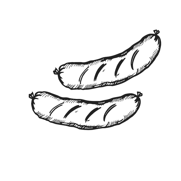 Vector dibujado a mano salchichas a la parrilla tinta ilustración de alimentos dos salchichas de carne boceto en blanco y negro