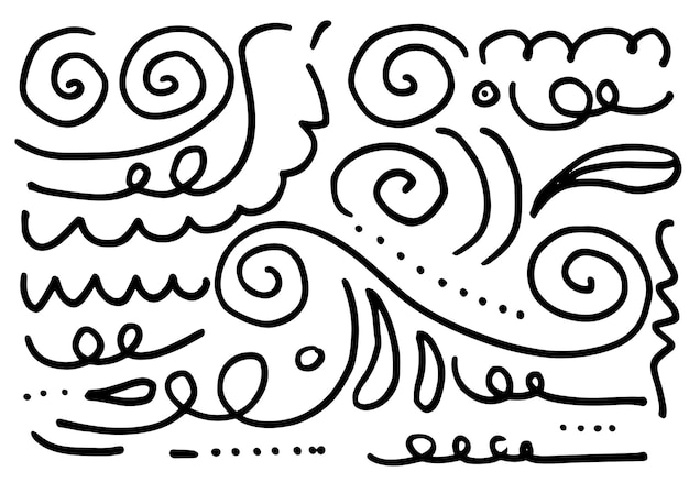 Vector dibujado a mano Sketchy Doodle conjunto de dibujos animados de rizos y remolinos elementos decorativos