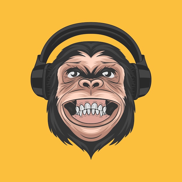 Vector dibujado a mano sonriente DJ chimpancé mono con auriculares color abstracto cabeza de mono divertido para arte de pared camiseta impresión cartel dibujos animados lindo chimpancé mono icono logotipo ilustración