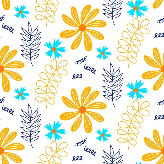 Vector dibujado a mano verano floral de patrones sin fisuras aislado sobre fondo blanco Doodle hojas y flores Fondo tropical de dibujos animados para diseño de boda envolver textiles adornados y tarjetas de felicitación