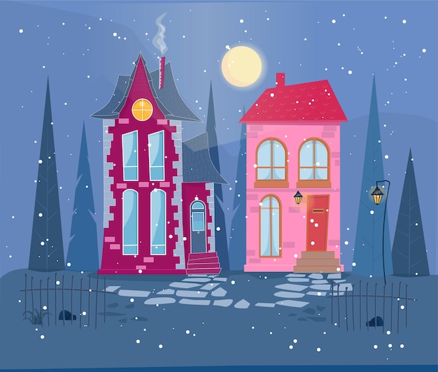 Vector dibujando a mano casas de estilo escandinavo invierno y nieve