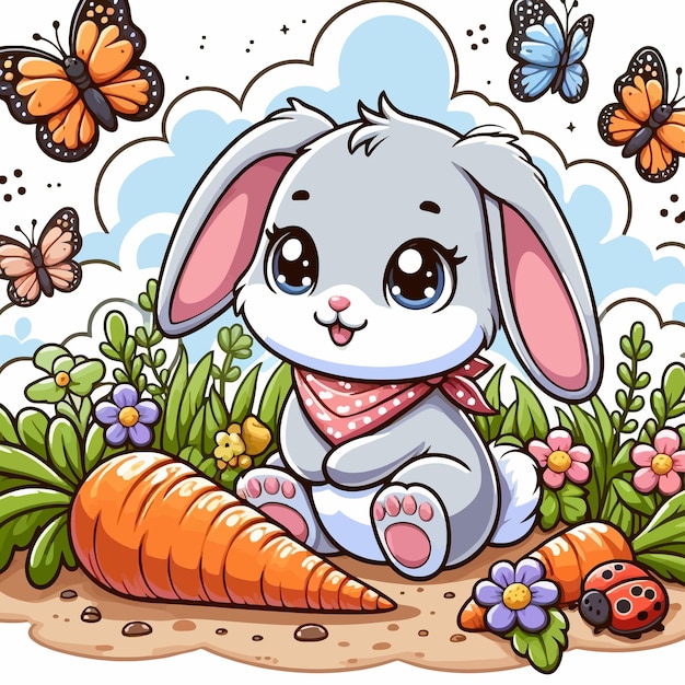 Vector vector un dibujo animado conejo se sienta en un campo de flores