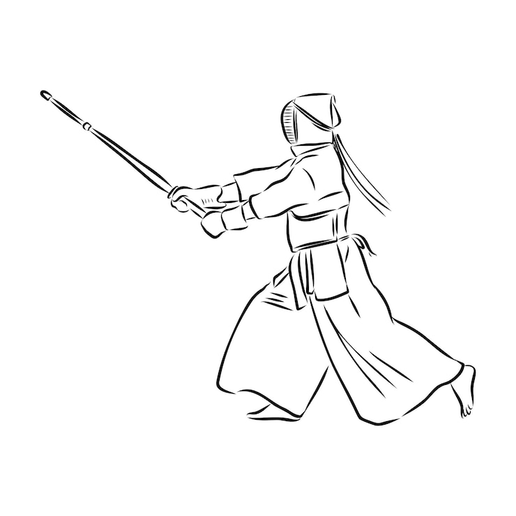 Vector vector de dibujo en blanco y negro de kendo samurai