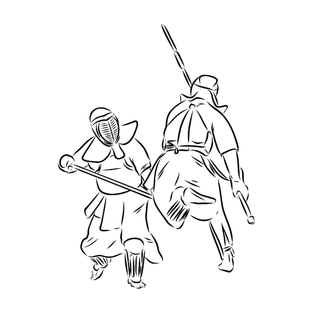 Vector de dibujo en blanco y negro de kendo samurai