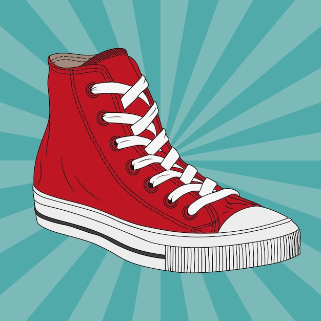Vector de dibujo de un calzado de gimnasia rojo con suelas de goma y con cordones.
