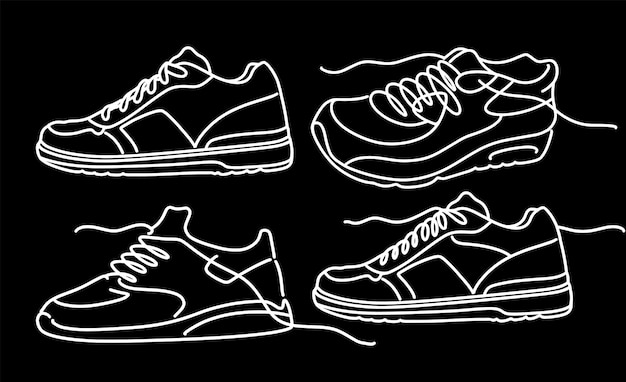 Vector de dibujo continuo de zapatillas OneLine en un fondo negro