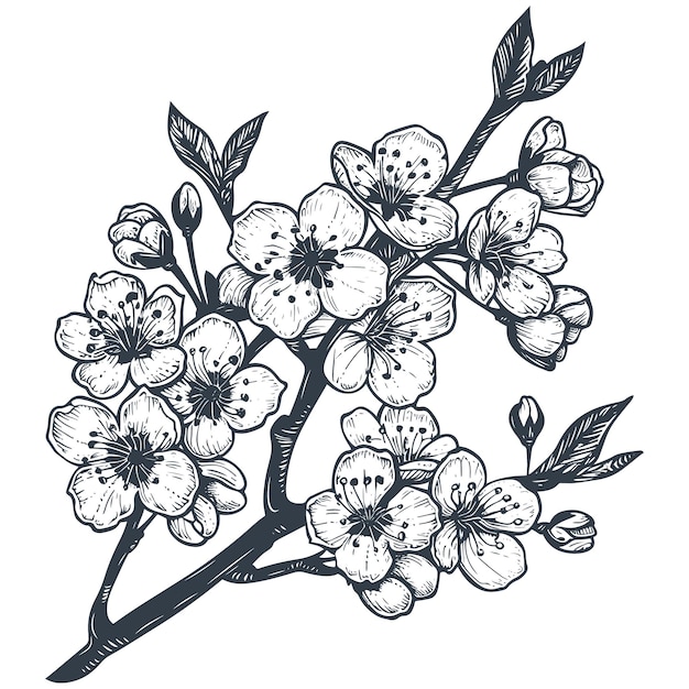Vector de dibujo de estilo grabado en madera vintage de flor de cerezo