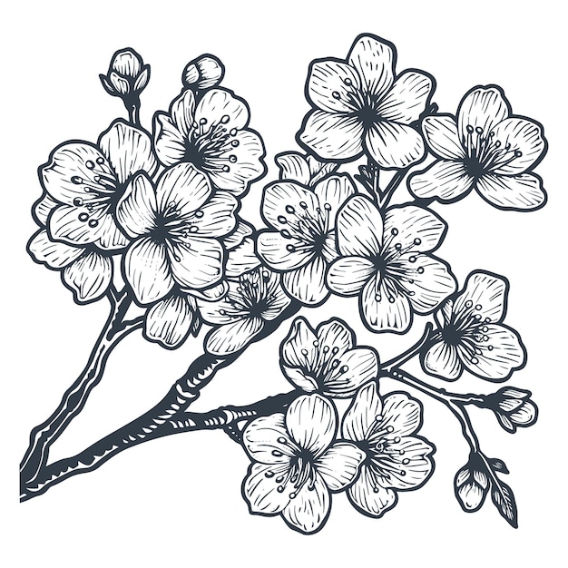 Vector de dibujo de estilo grabado en madera vintage de flor de cerezo