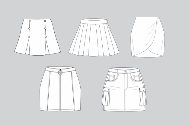 Vector de dibujo de faldas Conjunto de diferentes tipos de faldas tipos de faldas faldas vector de faldas plisadas