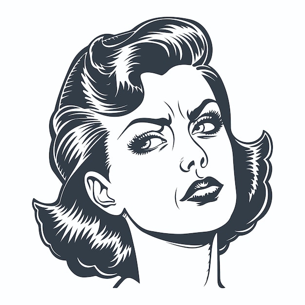 Vector de dibujo de grabado en madera de expresión enojada de chica retro