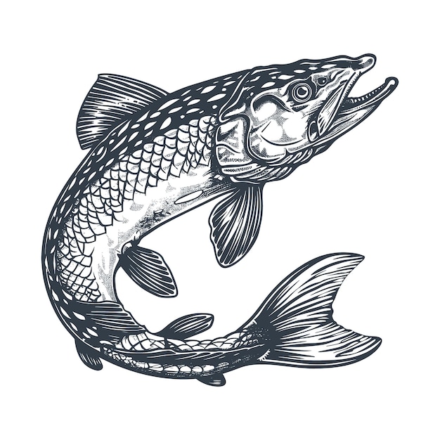 Vector de dibujo de grabado en madera vintage de pez Pike