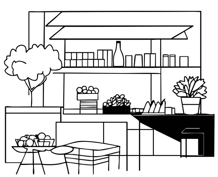 Vector de dibujo gráfico en blanco y negro del interior de la tienda de comestibles