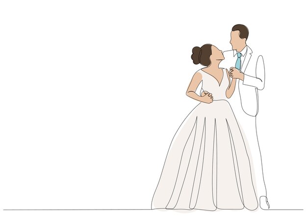 Vector de dibujo de línea continua de boceto de novia y novio