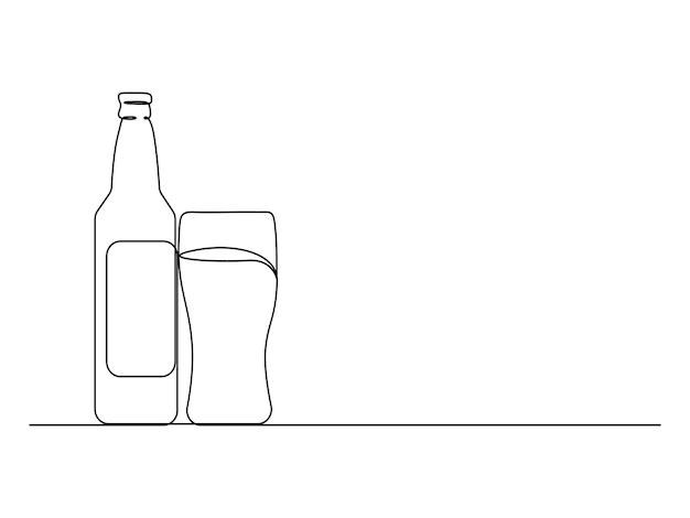 Vector de dibujo de una línea continua de vaso y botella de cerveza ilustración pro vector
