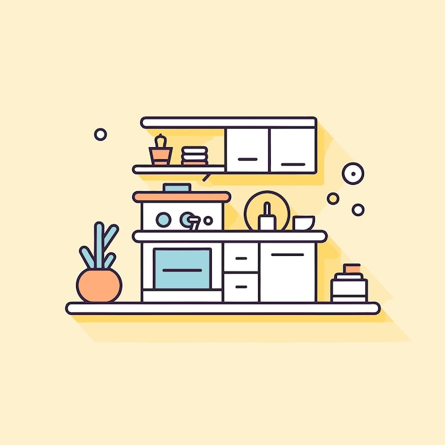 Vector un dibujo de línea minimalista de una cocina moderna con un fregadero y una estufa