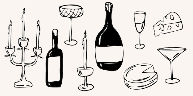 Vector dibujo a mano dibujo de velas botellas de vino vasos y queso en un minimalista