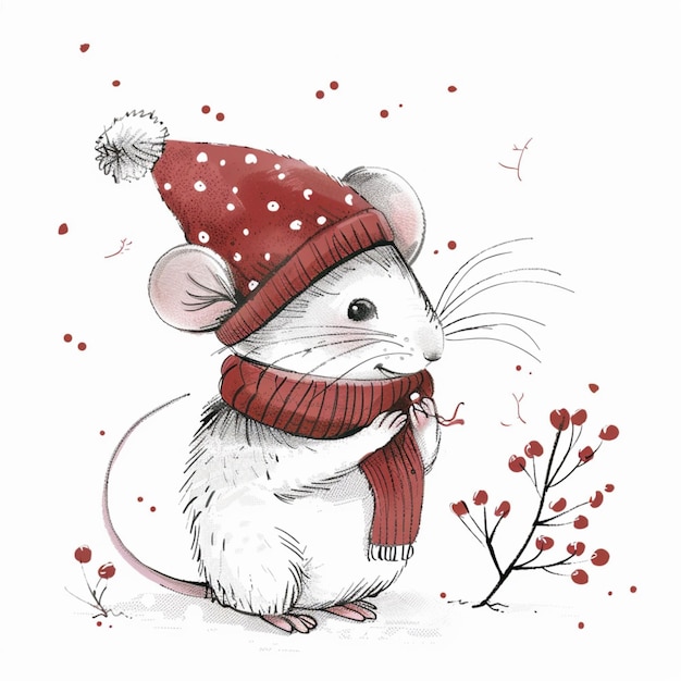 Vector dibujo a mano ratón de invierno lindo nuevo año y feliz Navidad concepto