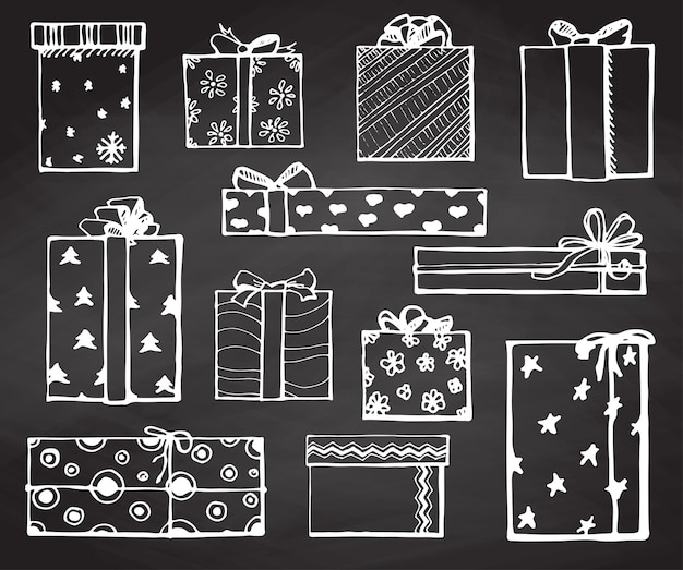 Vector de dibujo a mano con regalos. Regalos para diferentes fiestas. En Nochevieja, Navidad, cumpleaños, San Valentín y otros.