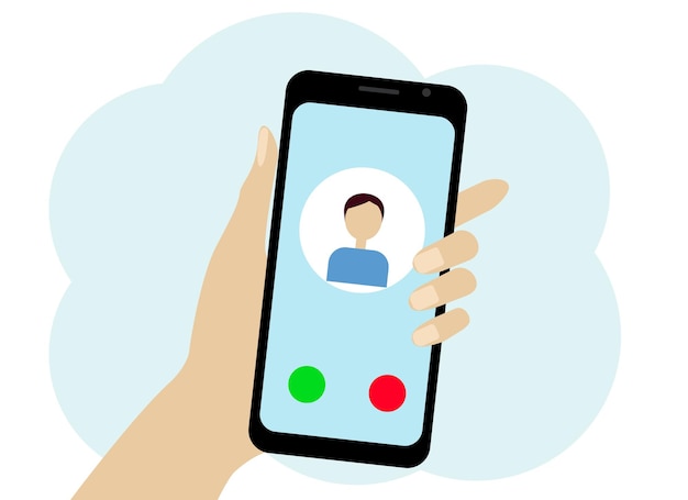 Vector de dibujo de una mano con un teléfono móvil. Hay un icono de hombre en el teléfono. Chat o llamada en línea