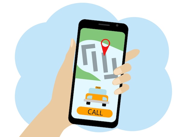 Vector de dibujo de una mano con un teléfono móvil. En el teléfono, una aplicación de llamada de taxi con un automóvil y un botón de llamada