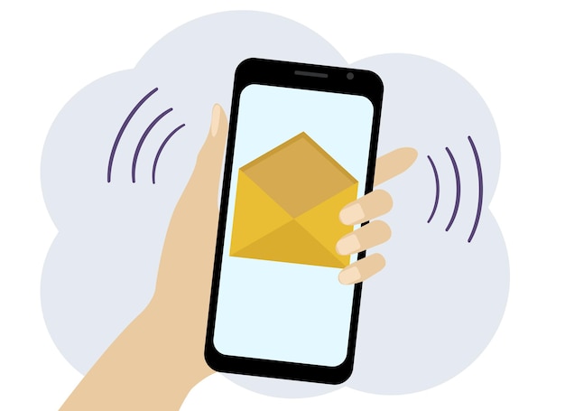 Vector de dibujo de una mano con un teléfono móvil. El teléfono tiene un ícono amarillo de letra abierta
