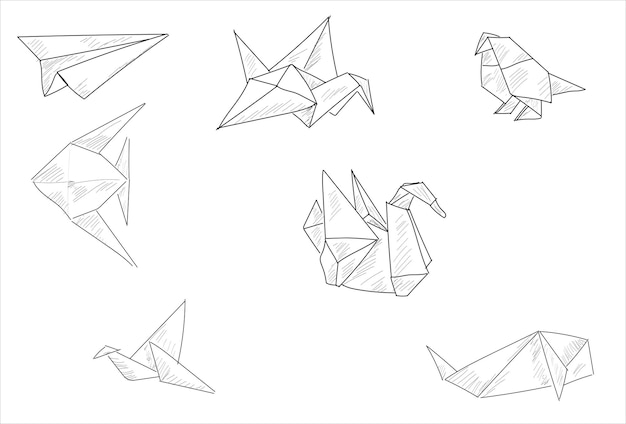 Vector de dibujo de pájaro de origami. Origami de arte japonés, ilustración vectorial de dibujo a mano.