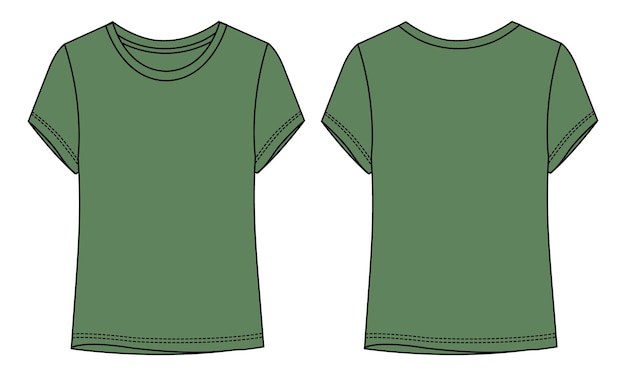 Vector de dibujo plano de moda técnica de camiseta de manga corta plantilla de color verde para damas