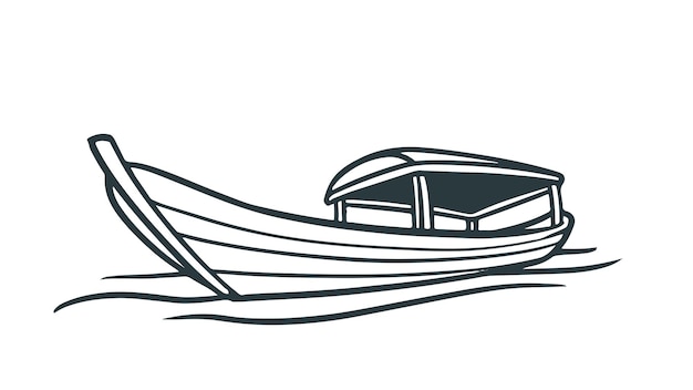 Vector de dibujo tradicional de barcos tailandeses viajes de transporte cultural por mar e ilustración de pesca en blanco y negro