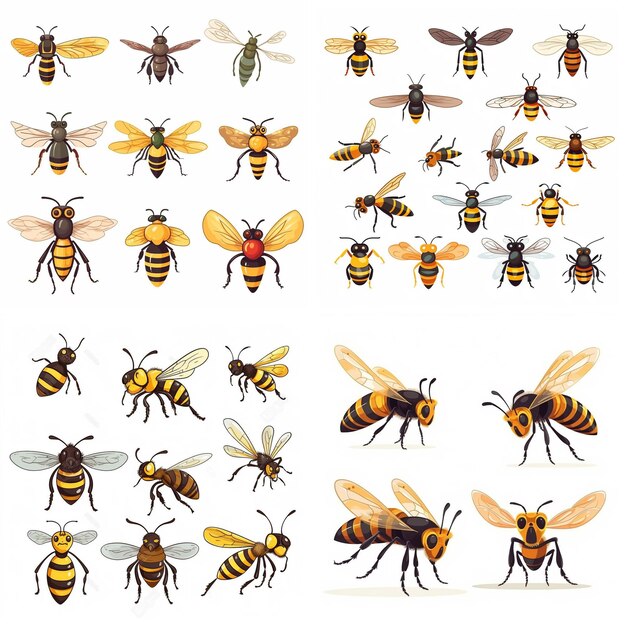 Vector vector de dibujos animados abejas y avispas sobre fondo blanco