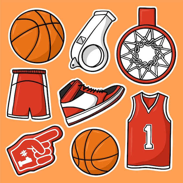 Vector de dibujos animados de baloncesto conjunto de pegatinas