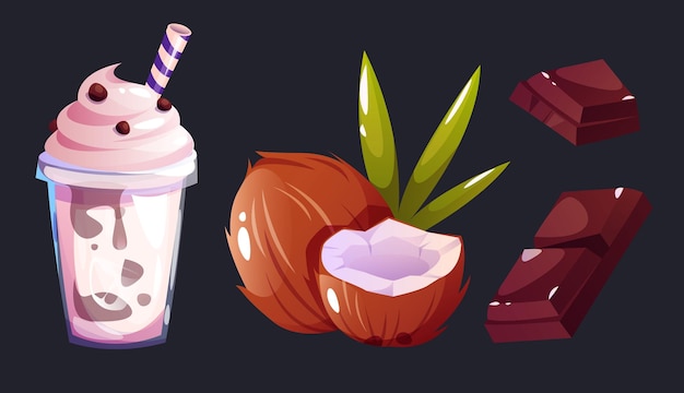 Vector de dibujos animados de batido de coco Conjunto de ingredientes para cóctel de leche dulce con chocolate