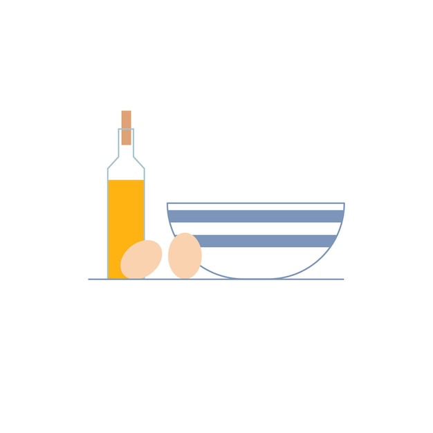 Vector de dibujos animados botella plana de aceite, plato y huevos aislados en una dieta balanceada de fondo vacía, concepto de alimentación saludable y cocina de alimentos, diseño de anuncios de banner de sitio web