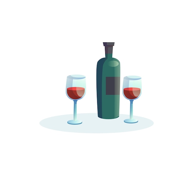 Vector de dibujos animados botella plana de vino y dos copas aisladas sobre fondo vacío-cena romántica en restaurante o en casa, concepto de alimentación saludable, diseño de anuncios de banner de sitio web