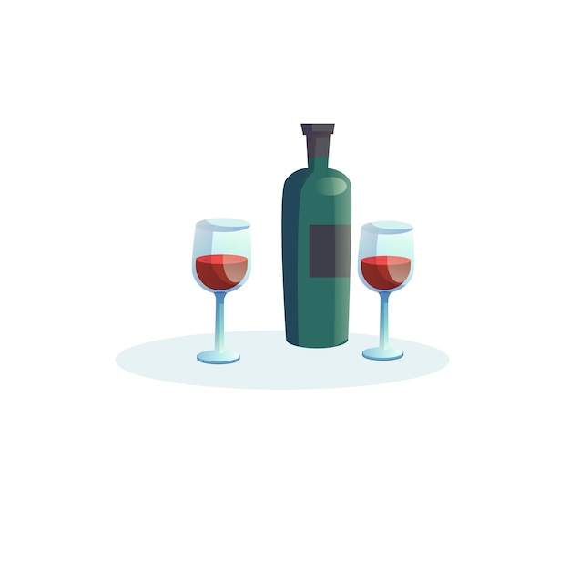 Vector de dibujos animados botella plana de vino y dos copas aisladas sobre fondo vacío-cena romántica en restaurante o en casa, concepto de alimentación saludable, diseño de anuncios de banner de sitio web