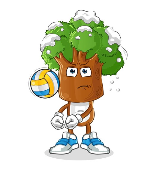 Vector de dibujos animados de cabeza de árbol jugar voleibol mascota vector de dibujos animados