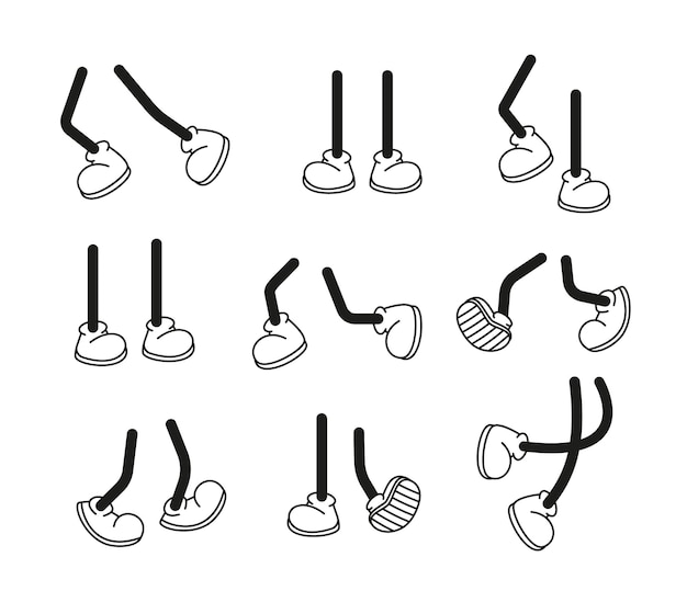 Vector de dibujos animados caminando pies en entrenadores o zapatillas de deporte en piernas de palo en varias posiciones