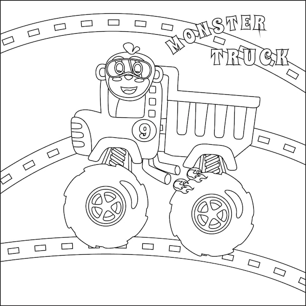 Vector de dibujos animados de camión monstruo con pequeño conductor de animales para colorear libro o página