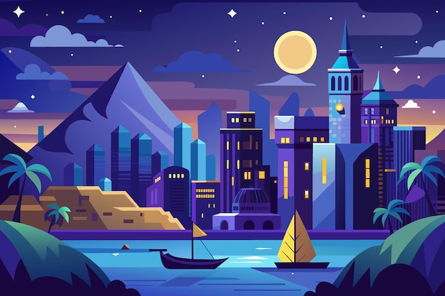 Vector de dibujos animados de la ciudad nocturna Ilustración concepto de obra de arte de estilo plano