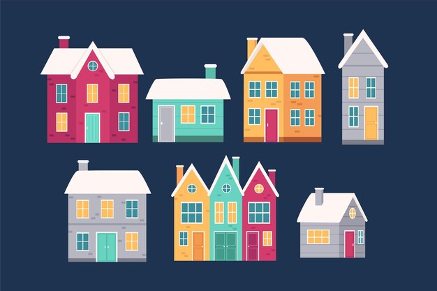 Vector de dibujos animados de colección de casas de invierno