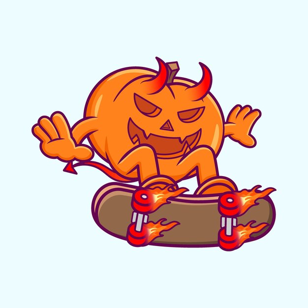 Vector de dibujos animados de diablo calabaza jugando patineta. estilo de dibujos animados planos de halloween vector premium