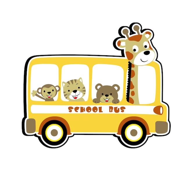 Vector de dibujos animados de escuela de autobús de animales