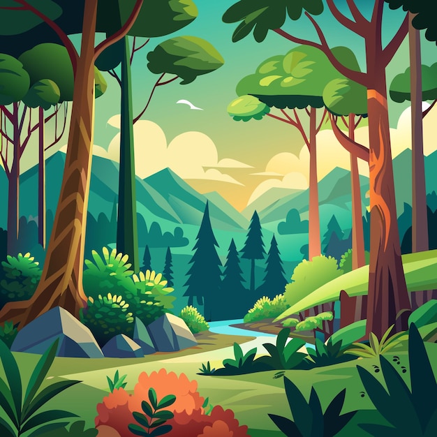 Vector de dibujos animados de fondo forestal ilustración concepto de obra de arte de estilo plano