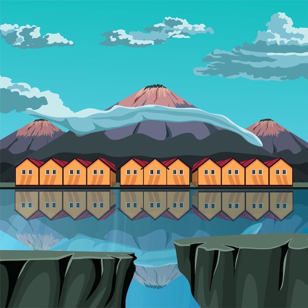 Vector de dibujos animados de fondo del juego, casa junto al lago