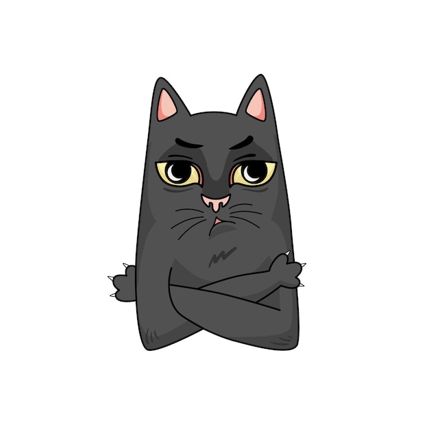 Vector de dibujos animados gato negro insatisfecho. brazos cruzados sobre el pecho.